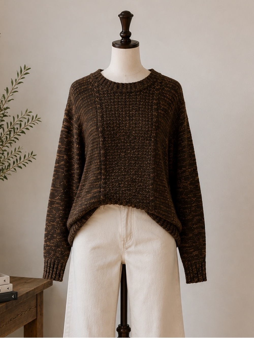 Chocolate Brown Marled Textured Knit Oversized Sweater Vero Moda Large